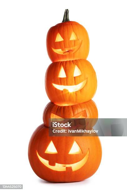 Stack Of Glowing Halloween Pumpkins Stock Photo - Download Image Now - Jack O' Lantern, White Background, Pumpkin