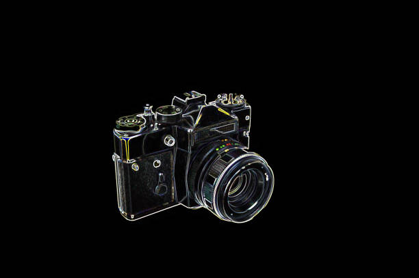 レンズ付きの古いフォトカメラのイラスト。 - lighting technique aperture lens color image ストックフォトと画像