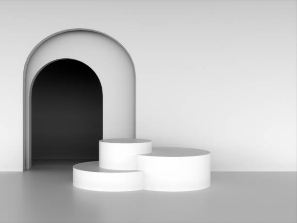 istock White round podiums on the backdrop of arches. 3D rendering 1344528606