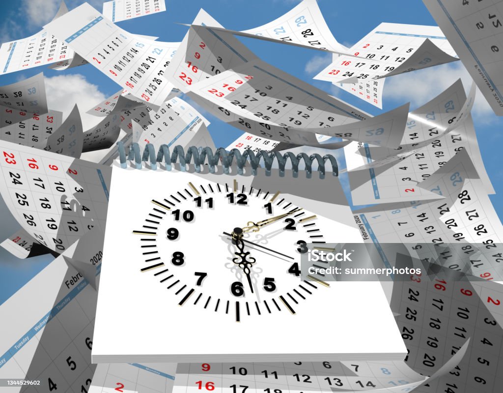 time pass flying diary pages on the  sky clock time psychology brain comfusion  - 3d rendering Flying Stock Photo
