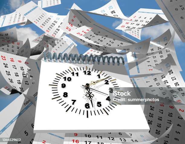 Time Pass Flying Diary Pages On The Sky Clock Time Psychology Brain Comfusion 3d Rendering Stock Photo - Download Image Now
