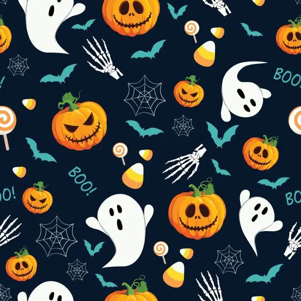 Vector illustration of Halloween pumpkin and ghost seamless pattern on blue background. Cute halloween ghost and decoration pattern background. Halloween theme design vector illustration