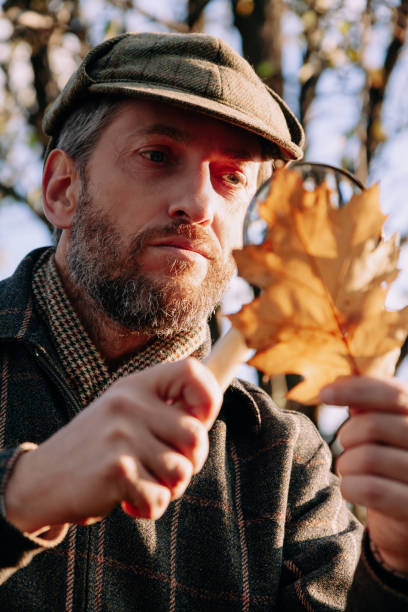 istock Scientist examines  leaf of  tree through  magnifying glass 1344533701