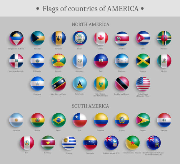 ilustraciones, imágenes clip art, dibujos animados e iconos de stock de banderas de países de américa conjunto de insignias de forma redonda - south