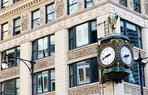 Close-up of the Jewelers Building vintage clock, Chicago.