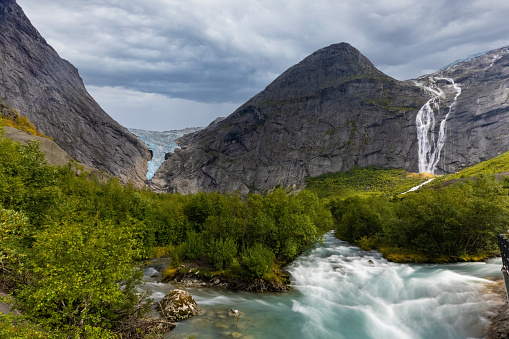 Hiking to Briksdalsbreen (Briksdal glacier), one of the most accessible and best known arms of the Jostedalsbreen glacier, Jostedalsbreen National Park, Vestland, Norway.