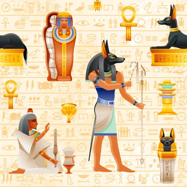 Vector illustration of Egyptian vector seamless papyrus pattern with Jackal Anubis God. Pharaoh elements - Mummy, canopic jar, dog tomb, slave. Ancient historic art form Egypt with hieroglyph pattern background, old wallper