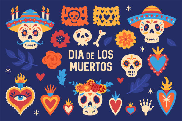 ilustraciones, imágenes clip art, dibujos animados e iconos de stock de lindo conjunto de elementos mexicanos para el día de los muertos día de los muertos. estampado infantil para tarjetas, pegatinas, parches y prendas. - dia de muertos