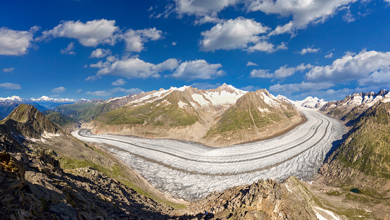 Panorama of the longest glacier in Europe - Aletsch Glacier in the Bernese Canton