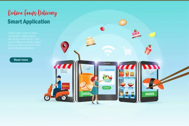 Vector illustration of Food delivery application service on smart phone, e commerce and customer ordering on mobile with selection of foods and drink.
