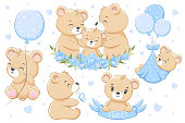 A collection of cute family bears, for boys. Flowers, balloons and hearts. Cartoon vector illustration.