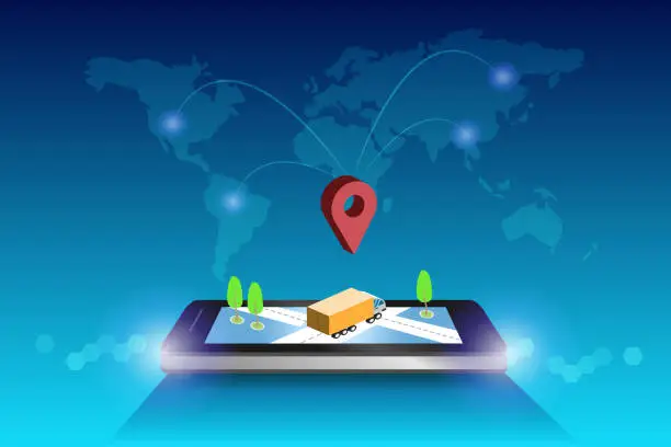 Vector illustration of Global smart logistics. Delivery truck with GPS online tracking location on smartphone and world map background.