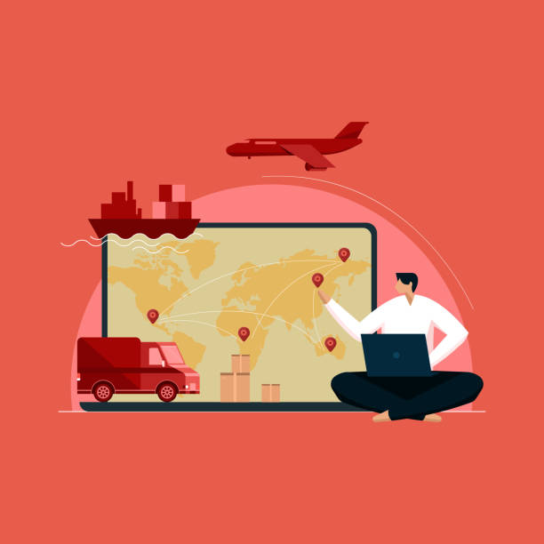 ilustrações de stock, clip art, desenhos animados e ícones de global logistic and transportation business, import export network and warehouse concept - ship freight transportation cargo container sea