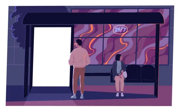 Vector illustration of Illuminated blank billboard, advertising banner by the bus stop