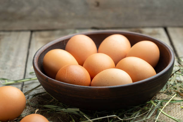 ovos de galinha em uma tigela de barro em um fundo de madeira, feno espalhados ao redor. conceito de comida saudável. - cholesterol ellipse shell box - fotografias e filmes do acervo