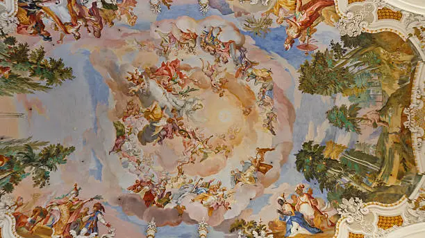 Beautiful ceiling frescos at baroque church in Steinhausen, Germany.
