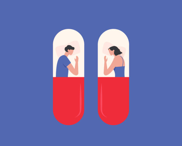 People sleeping in a sleeping pill. Woman and man suffering from sleep disorder and insomnia concept. Flat vector illustration. vector art illustration