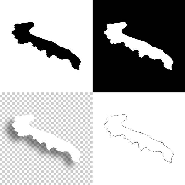 Apulia maps for design. Blank, white and black backgrounds - Line icon Map of Apulia for your own design. Four maps with editable stroke included in the bundle: - One black map on a white background. - One blank map on a black background. - One white map with shadow on a blank background (for easy change background or texture). - One line map with only a thin black outline (in a line art style). The layers are named to facilitate your customization. Vector Illustration (EPS10, well layered and grouped). Easy to edit, manipulate, resize or colorize. Vector and Jpeg file of different sizes. black background shape white paper stock illustrations