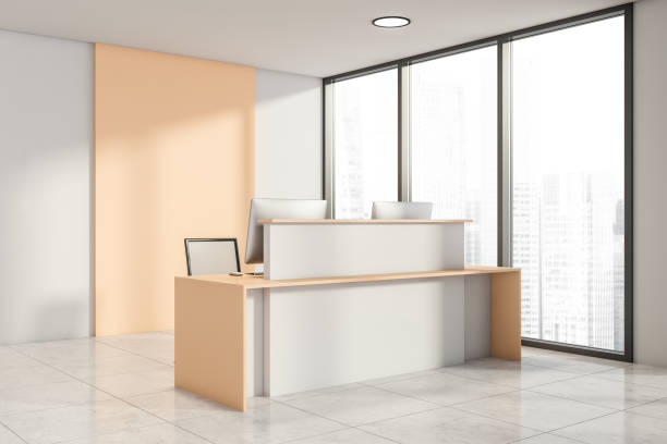 istock Corner view of office room and reception interior with computers 1344550322