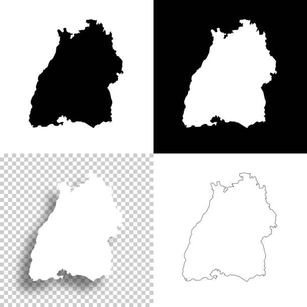 Baden-Wurttemberg maps for design. Blank, white and black backgrounds - Line icon Map of Baden-Wurttemberg for your own design. Four maps with editable stroke included in the bundle: - One black map on a white background. - One blank map on a black background. - One white map with shadow on a blank background (for easy change background or texture). - One line map with only a thin black outline (in a line art style). The layers are named to facilitate your customization. Vector Illustration (EPS10, well layered and grouped). Easy to edit, manipulate, resize or colorize. Vector and Jpeg file of different sizes. black background shape white paper stock illustrations