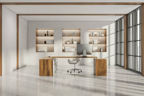 istock Office room interior with panoramic window with city skyscraper view 1344550541