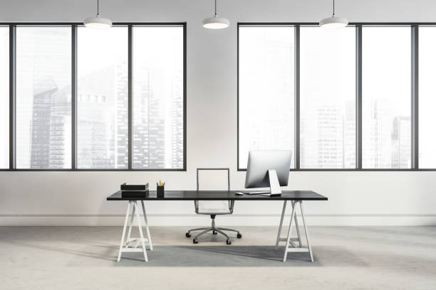 istock Office room interior with panoramic window with city skyscraper view 1344550615