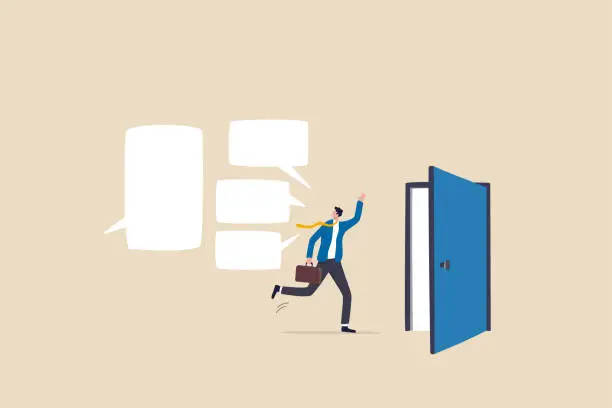 Vector illustration of Exit interview, employee feedback before leaving or resignation, staff suggestion to HR human resources concept, resigned businessman employee about to leave the door with interview conversation.