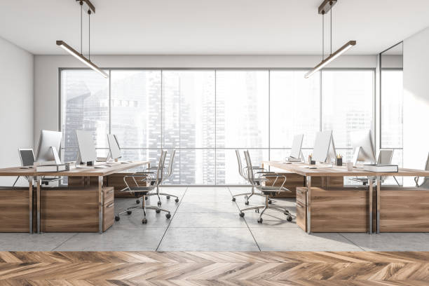 istock Office room interior with panoramic window with Singapore city skyscraper 1344550860