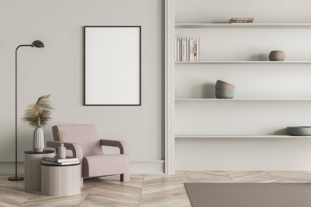 istock Living room interior with white empty poster, pink comfortable armchair 1344551790