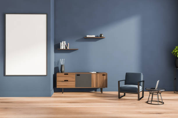istock Living room interior with empty white poster and blue armchair 1344552121