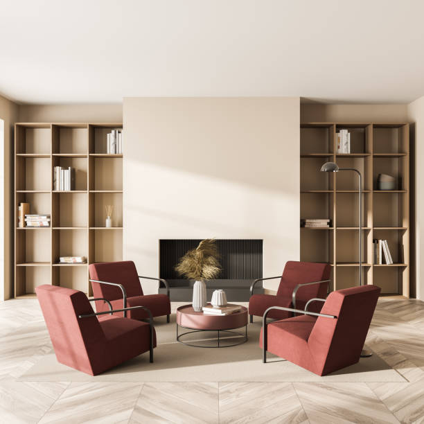 istock Beige and red sitting area with fireplace and shelvings 1344552970