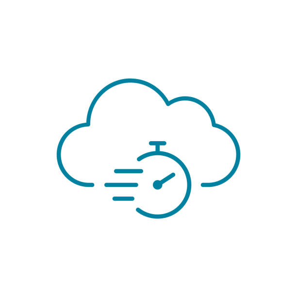 Cloud stopwatch line icon. Cloud computing time schedule. Fast network response. Latency server provider response. Timer with cloud outline. Real time service access. Vector illustration, clip art. clock clipart stock illustrations