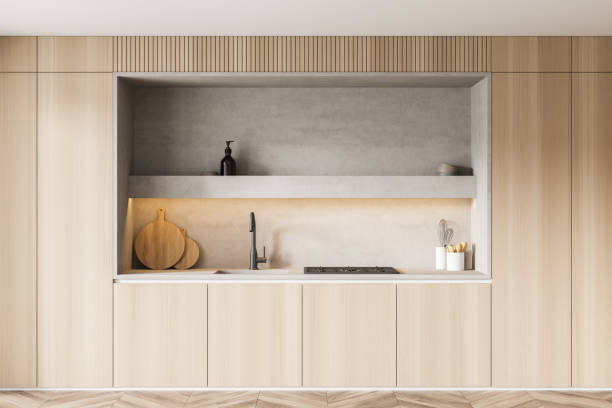 istock Closeup of kitchen cabinet with light grey stone niche 1344553224