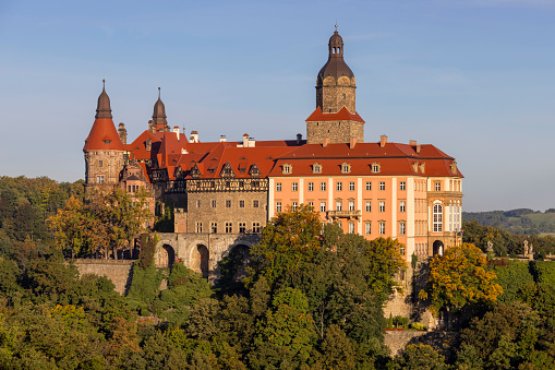 Walbrzych, Poland - October 1, 2021: Ksiaz Castle, medieval mysterious 13th century fortress. It is the third largest castle in Poland