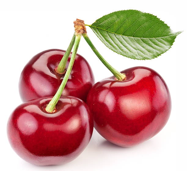 istock Three perfect sweet cherries with the leaf. 134455501