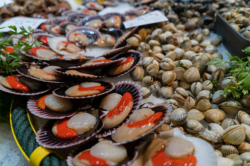 Picture of delicious and fresh scallops with cockles in the background in a fish market.