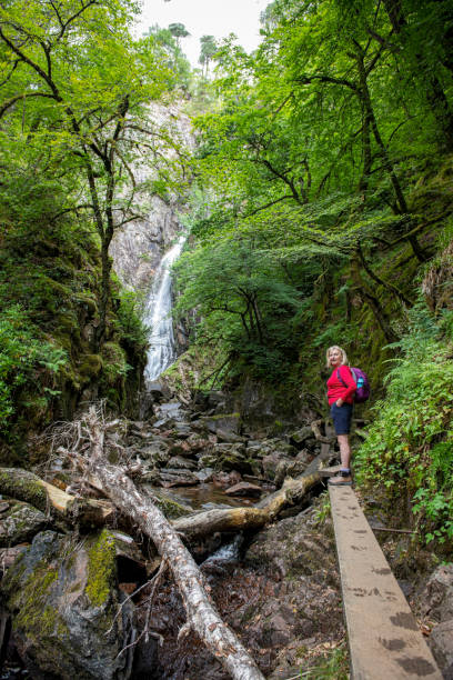 istock A mature female backpacker at a waterfall looks back at the camera. 1344557634