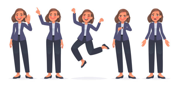 ilustrações, clipart, desenhos animados e ícones de personagem de empresária. mulher funcionária da empresa cumprimenta, aponta, pula feliz, olha para o relógio - business businesswoman distraught backgrounds