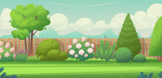 Backyard garden. Trees, bushes and cultivated plants against the background of the fence at the house Backyard garden. Trees, bushes and cultivated plants against the background of the fence at the house. Poster for the site of the gardening store. Country life. Vector illustration in flat style yard grounds illustrations stock illustrations