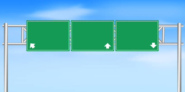 istock 3D Rendered Signboards on the Road in a clear bright sky with empty space. Modern green free space signboard backdrop 1344557964