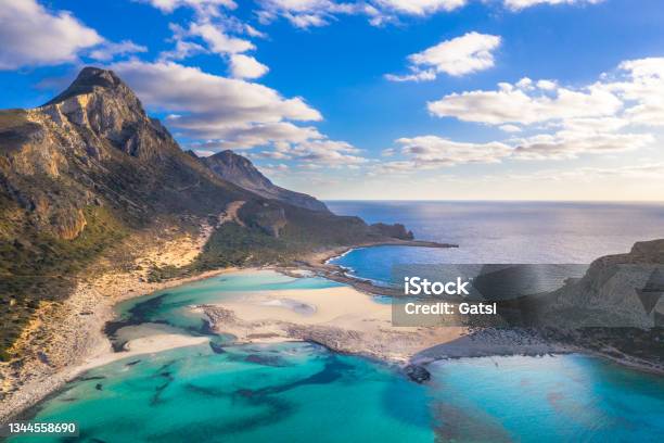 Amazing View Of Balos Lagoon With Magical Turquoise Waters Lagoons Tropical Beaches Of Pure White Sand And Gramvousa Island On Crete Greece Stock Photo - Download Image Now