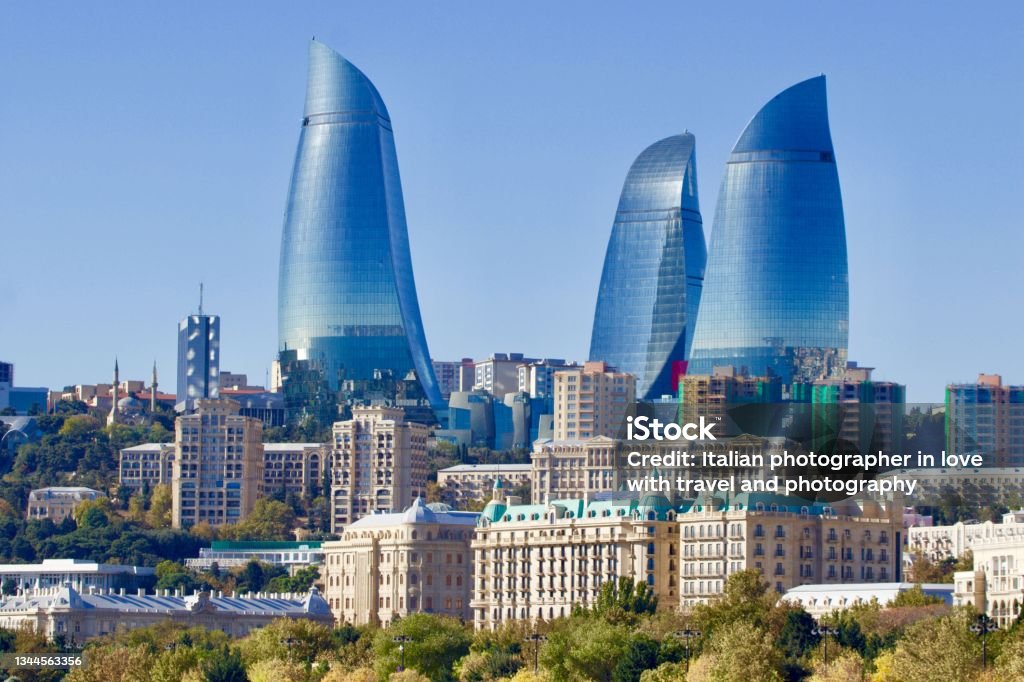 View of Flame towers the iconic skyscrapers with the form of a flame of Baku city, Azerbaijan Baku Stock Photo