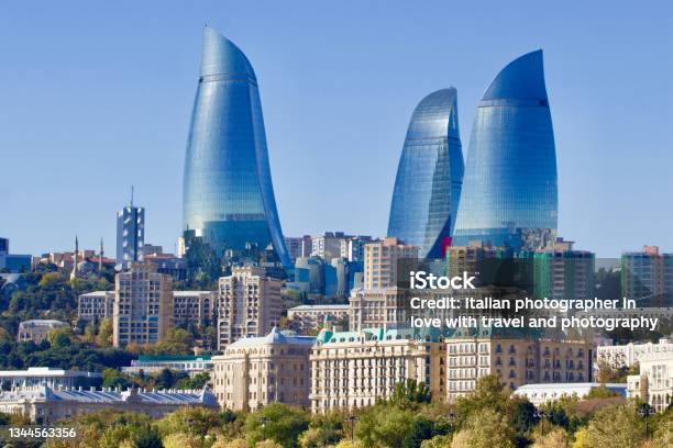 View Of Flame Towers The Iconic Skyscrapers With The Form Of A Flame Of Baku City Azerbaijan Stock Photo - Download Image Now