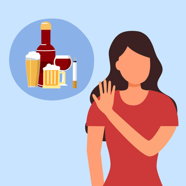 Woman refused drinking alcohol and smoking in flat design. Stop drinking beer and smoking cigarette for good health. vector art illustration