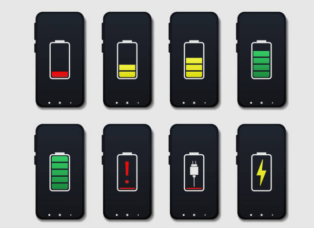 istock Set of smartphones with battery charge level indicators. Device with low and full battery. Mobile charging. Discharged phonee battery. 1344563455