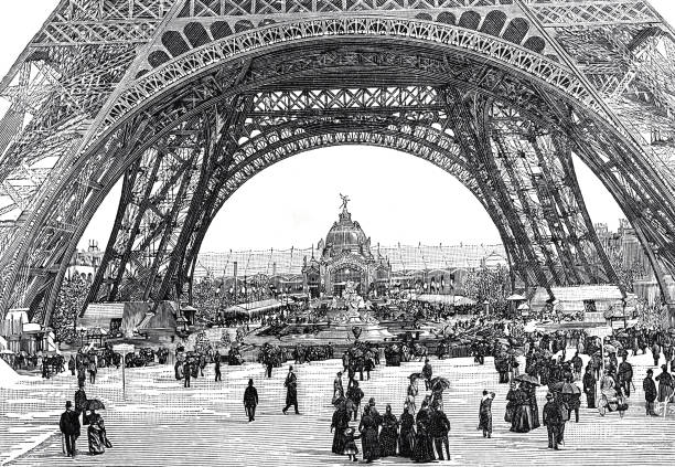 ilustrações, clipart, desenhos animados e ícones de exposição universal 1889, paris: torre eiffel - built structure germany history 19th century style