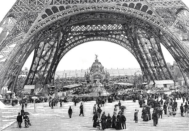 всемирная выставка 1889, париж: эйфелева башня - built structure germany history 19th century style stock illustrations