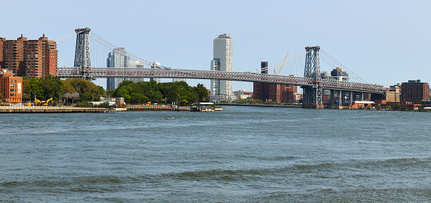 Panorama of Williamsburg Bridge spanning over East River in New York City