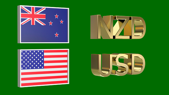 Gold plated NZD and USD symbols along with the flags of New Zealand and USA on a neutral green background. Finance concept. Rendering 3D. Isolated