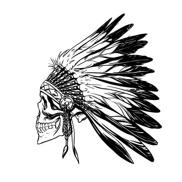 Vector illustration of Hand drawing of a skull of a tribal warrior in a traditional headdress. Vector illustration